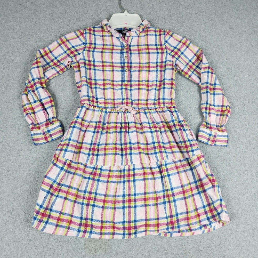 Lands End Flannel Tiered Dress Girls S 6-7 Pink Plaid Drawstring Waist Popover